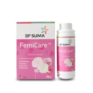 A pink box and bottle BF Suma FemiCare Feminine Cleanser for anti-bacteria, x180ml