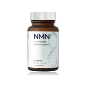 A brown bottle of NMN Nicotinamide Mononucleotide dietary supplement containing 30 capsules, has white sticker label and silver cap