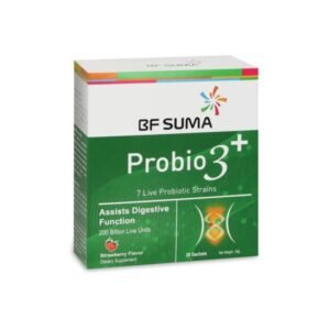 A x20 sachets green & white box of bf suma Probio3+ strawberry flavor, a dietary supplement that improves digestion