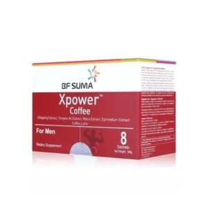 A red and white box of bf suma xpower coffee for men, a dietary supplement containing 8 sachets