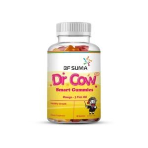 A translucent bottle of BF Suma Dr Cow Children's Smart Gummies with Omega 3 Fish Oil for Growth, x90 gummies