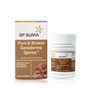 A brown box and bottle of BF Suma Pure & Broken Ganoderma, x30 capsules