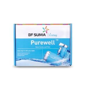 A box of BF Suma Purewell Water Purifier and filter for contaminant removal, fits most faucets